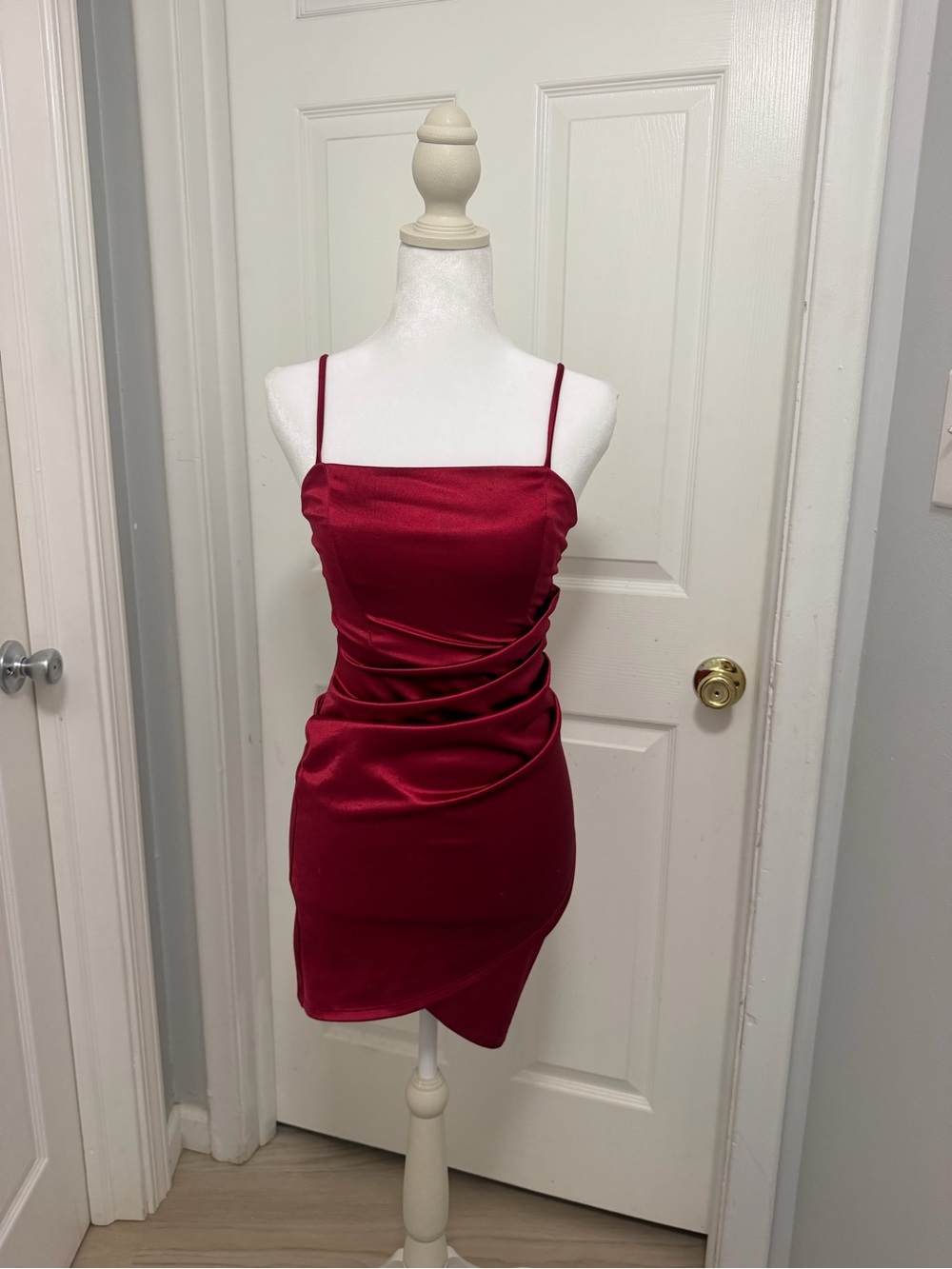 Windsor Red Satin Draped Spaghetti-Strap Mini Dress